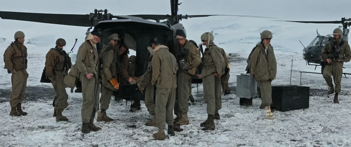 Prompt: establishing wide shot color movie like 3 5 mm photograph of middle aged caucasian us soldierss unloading dark grey metal rectangular crate from a black military 1 9 8 2 helicopter at a top secret military base in antarctica