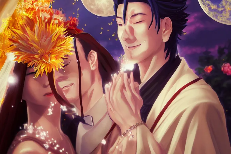 Image similar to a cinematic portrait of wedding photograph jpeg close up moment of a divine a japan sun god and moon goddess lovers magician at a wedding banquet. portraiture. digital painting. artstation. concept art. wedding photo. digital painting. naruto the movie art masterpiece by art by krenz cushart