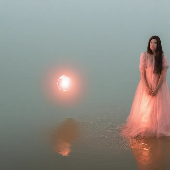 Image similar to a closeup portrait of a woman wrapped in plastic, standing next to a levitating luminescent orb, in a foggy lake, color photograph, by vincent desiderio, canon eos c 3 0 0, ƒ 1. 8, 3 5 mm, 8 k, medium - format print