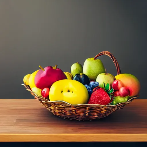 Prompt: a fruit basket on top of a kitchen table, matte