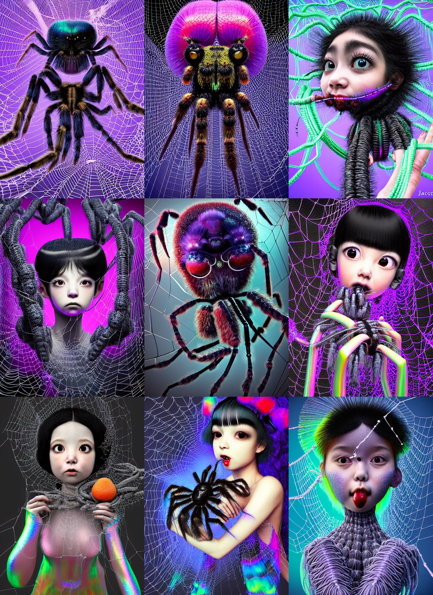 Prompt: hyper detailed 3d render like a Oil painting - slightly kawaii portrait Aurora (a black haired tarantula headed flapper-girl from the future body with spider head) seen Eating of the Strangling network of (wires and cables) and milky Fruit and Her delicate pedipalps hold of gossamer bring iridescent iron coals whose ashes black the foolish stars by Jacek Yerka, Ilya Kuvshinov, Glenn Barr, Mariusz Lewandowski, Houdini algorithmic generative render, Abstract brush strokes, Masterpiece, Edward Hopper and James Gilleard, Cronenberg, Mark Ryden, Wolfgang Lettl, hints of Yayoi Kasuma, octane render, 8k