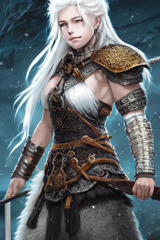 Image similar to A realistic anime portrait of a beautiful white haired female barbarian wearing an intricate viking armor, digital painting, by Stanley Artgerm Lau, Sakimichan, WLOP and Rossdraws, digital painting, painterly, Pixiv, Deviantart, golden ratio, rule of thirds, good composition, HD, 8k, award winning, promo art, splash art, rpg, jrpg, dungeons and dragons, DND, trending on ArtStation