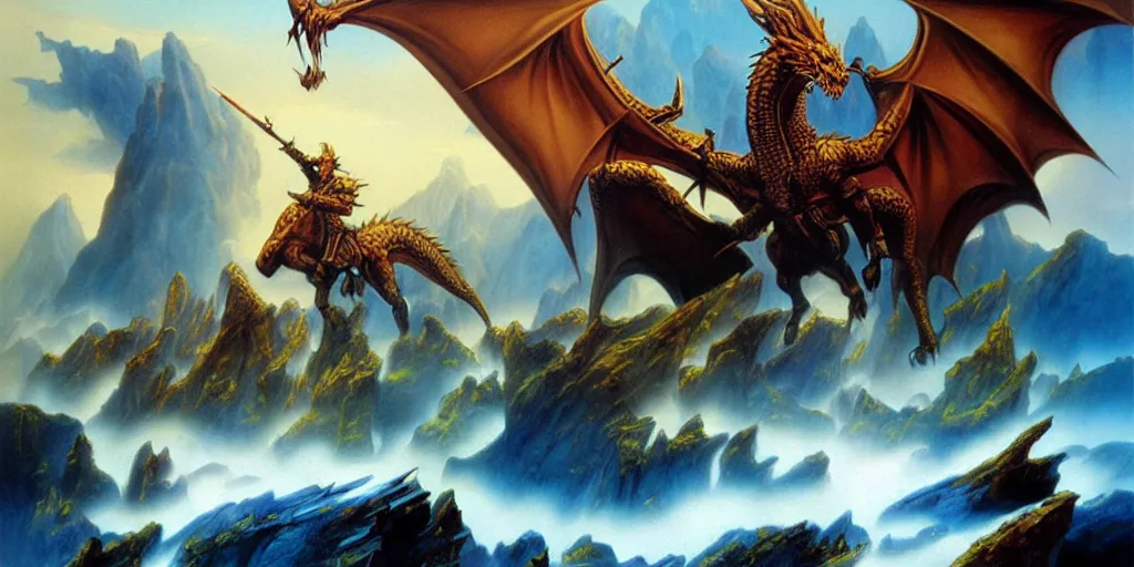 Prompt: ultra realistic illustration, epic high fantasy landscape. dragonlance graphic art print by boris vallejo