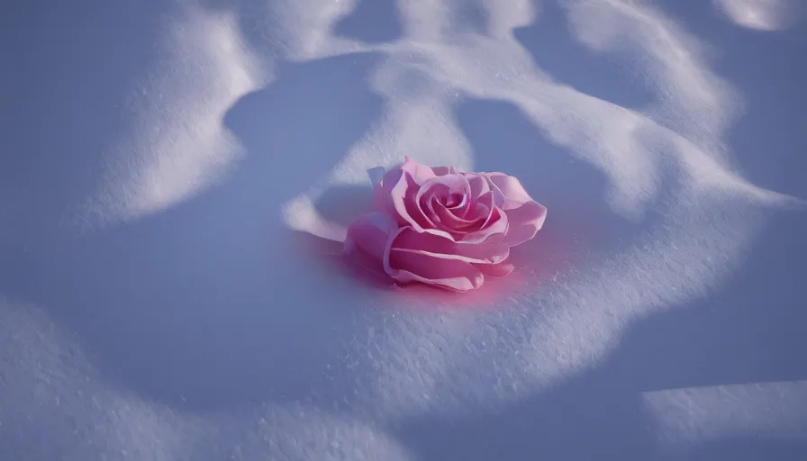 Image similar to rose in the snow, bright sunlight, volumetric light, hyperdetailed, artstation, cgsociety, 8 k