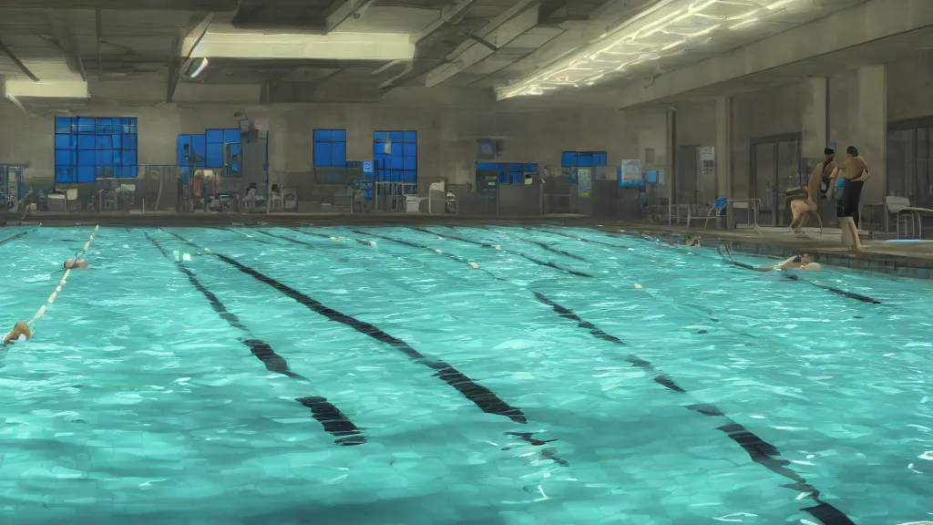 Image similar to Screenshot from Watchdogs at an indoor swimming pool