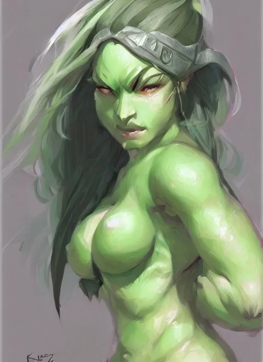 Image similar to green orc female, light green tone beautiful face by krenz cushart