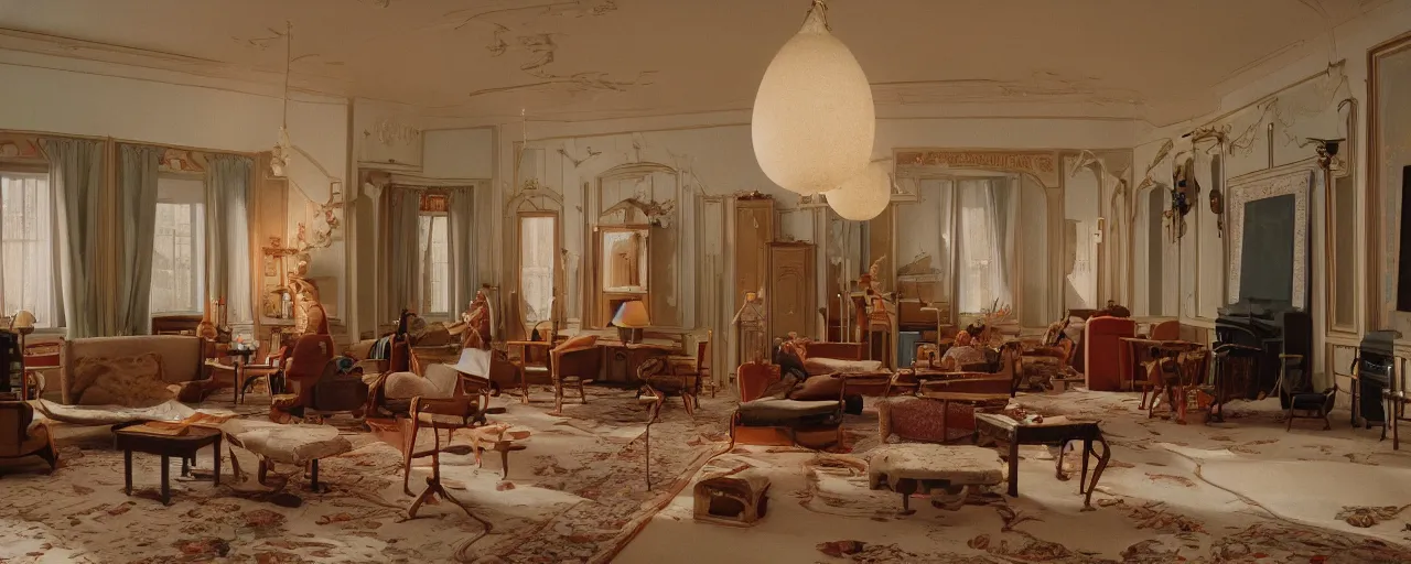 Image similar to wes anderson style interior, vermeer lighting, imax 4 0 mm anamorphic lens, kodak vision 3 2 0 0 t 5 2 1 3