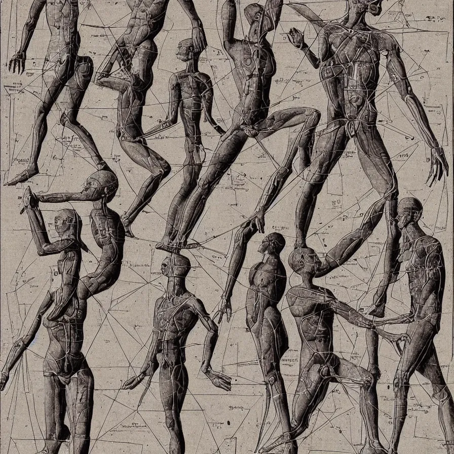 Prompt: the geometry of human body as seen in an ancient alien book