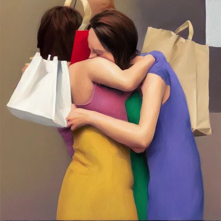 Image similar to two women hugging with a paper bag over the head dressed in plastic bags, highly detailed, artstation, art by, , edward hopper, zdislav beks