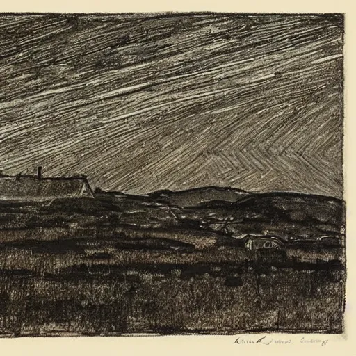 Prompt: by gerhard munthe tired, ghastly. a beautiful drawing featuring a night sky filled with stars, & a small town in the distance. the drawing is very peaceful & calming