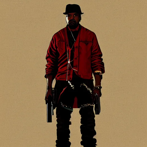 Prompt: kanye west in stephen bliss illustration red dead redemption 2 artwork of kanye west, in the style of red dead redemption 2 loading screen, by stephen bliss, artstation