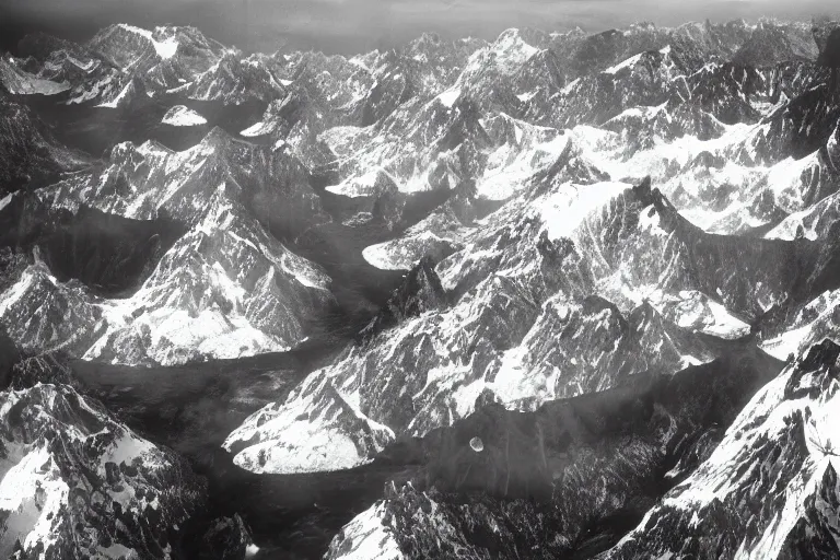 Image similar to tall mountains covered in snow and glaciers, photo from airplane by Ansel Adams,