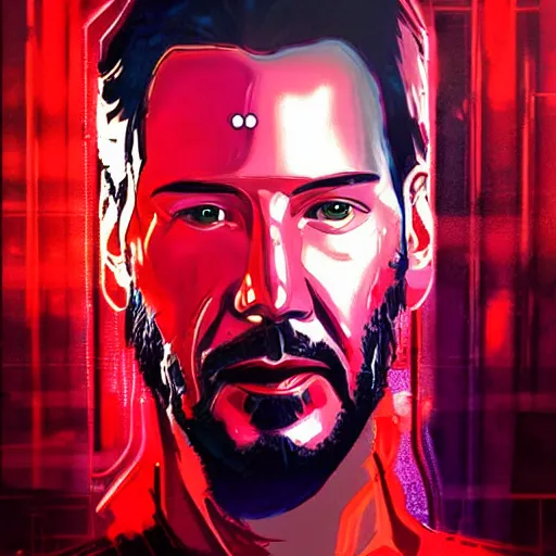 Prompt: Portrait of Keanu Reeves on neon street in Cyberpunk city, synthwave, artstation art, night, professional light