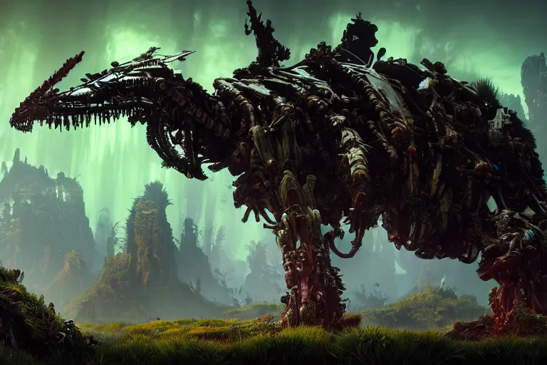 Image similar to wide epic shot from horizon forbidden west. a hyper detailed organic mechanic creatuve realistic similar look as horizon forbidden west horizon zero dawn, bioluminiscence in a dark deep forest at dawn in spring, with reflection and textures, by kilian eng, substance painter reaslitic mech surface metal painted scratches, world env from horizon forbidden west horizon zero dawn