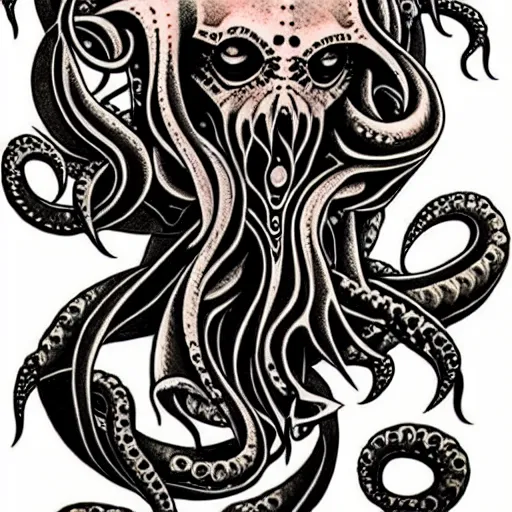 Image similar to american traditional abstract tattoo art of cthulhu playing praying, sheet paper