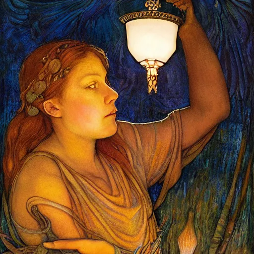 Image similar to the dawn queen with her lantern, by annie swynnerton and diego rivera and elihu vedder, symbolist, dramatic lighting, elaborate geometric ornament, art brut, soft cool colors, smooth, sharp focus, extremely detailed, leo and diane dillon, soft pastel colors