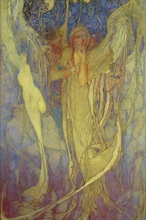 Prompt: bad dream, mikalojus konstantinas ciurlioni, mucha