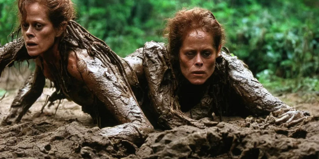 Image similar to film still of a mud - covered sigourney weaver as major dutch hiding behind a rock from the predator in predator 1 9 8 7, hd, 8 k