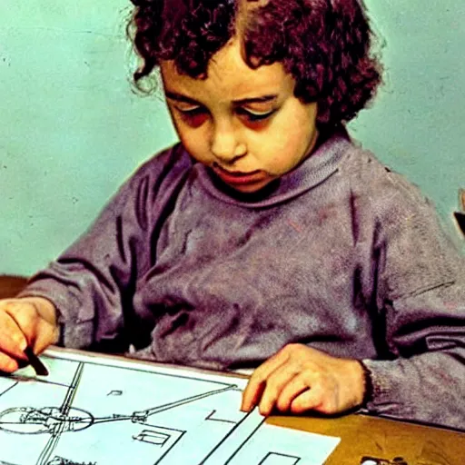 Image similar to Young Child Albert Einstein making a crayon drawing of plans for atomic bomb