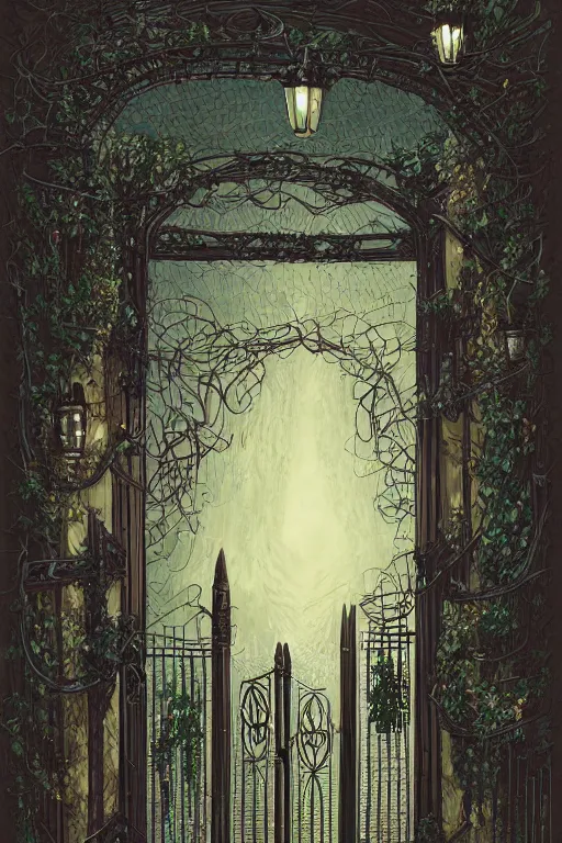 Image similar to a beautiful digital illustration painting of a detailed gothic fantasy fireflies and iron gate vines by giorgio de chirico, and david rios ferreira. 8 k resolution trending on artstation concept art digital illustration