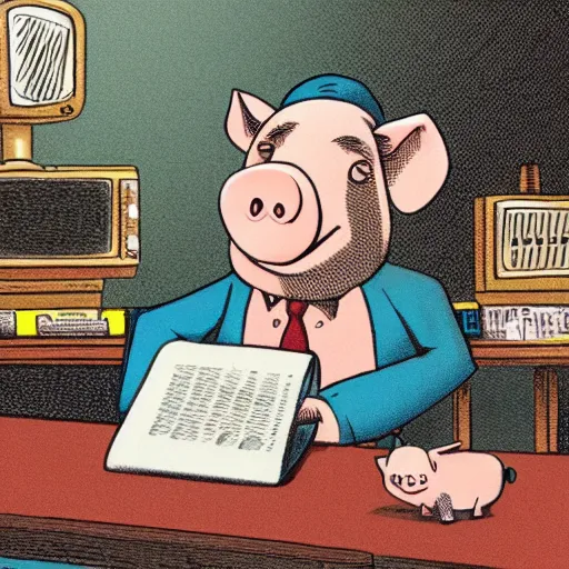 Prompt: a happy pig with a hat working at a news desk, retro, colorful, very high detail