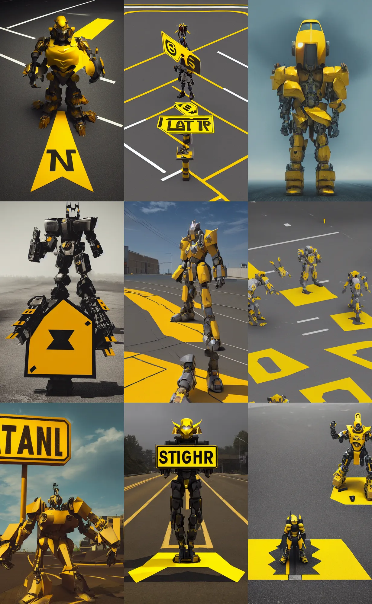 Prompt: giant yellow road sign armor fighter, wearing a stop sign on its head, character design trending on artstation, mecha, unreal engine 5, octane render, dramatic lighting