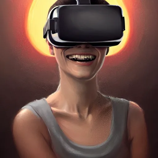 Image similar to Portrait of a woman by Greg Rutkowski, symmetrical face, a woman using a VR Headset covering her eyes, Kubric Stare, crooked and uncanny smile smile, she's wearing an office outfit, highly detailed portrait, scifi, digital painting, artstation, book cover, cyberpunk, concept art, smooth, sharp foccus ilustration, Artstation HQ