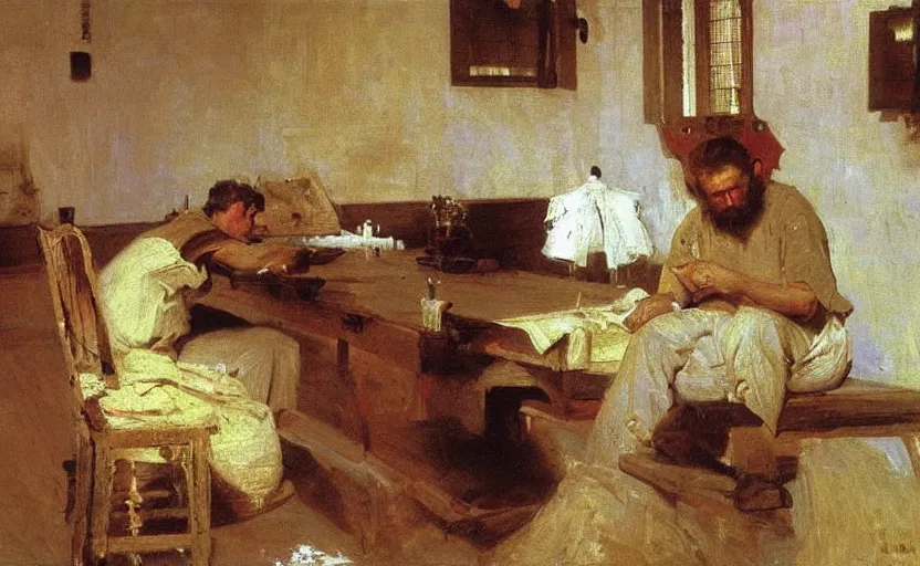 Image similar to high quality high detail painting by ilya repin, carpenter working, hd