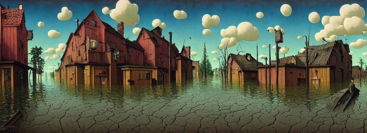 Prompt: flooded! old dark scary wooden empty cursed town street entance, very coherent and colorful high contrast masterpiece by gediminas pranckevicius rene magritte norman rockwell franz sedlacek, full - length view, dark shadows, sunny day, hard lighting, reference sheet white background