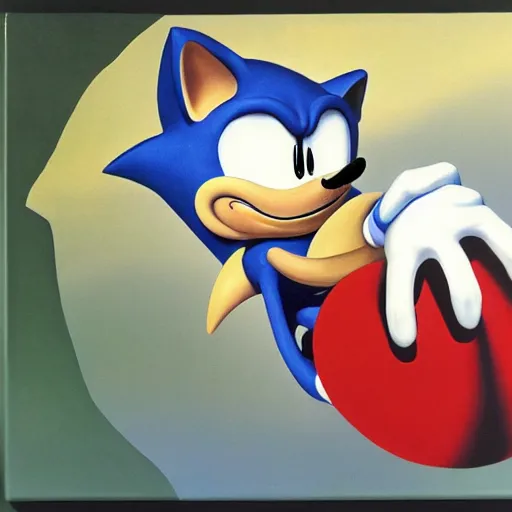 Image similar to sonic the hedgehog, painted by rene magritte, highly detailed