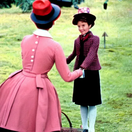 Prompt: Mary Poppins (played by Julie Andrews) handing children cigarettes and a zippo lighter, colorized