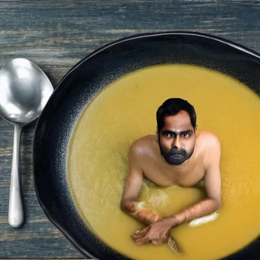 Image similar to indian man drowning in a bowl of soup