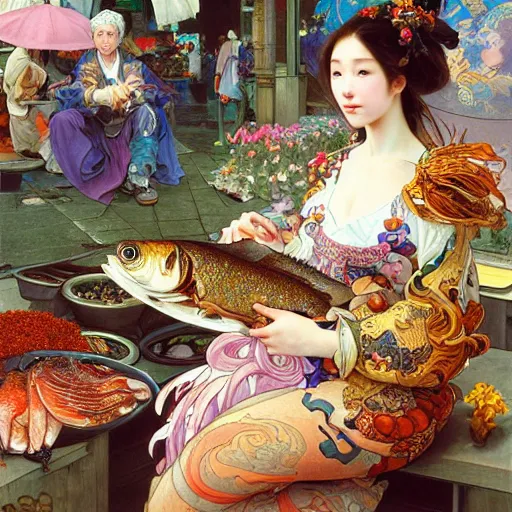 Prompt: a masterpiece ultrarealistic ultradetailed portrait of beautiful love fishmonger girl on street market baroque renaissance. medium shot, intricate, elegant, by stanley artgerm lau, wlop, alphonse mucha, rossdraws, andrei riabovitchev, yoshitaka amano. flower background my james jeand and takashi murakami.