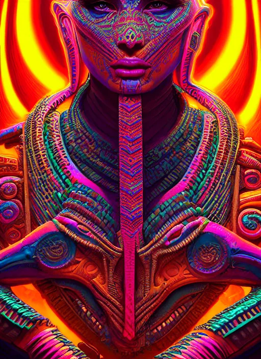 Image similar to hyper detailed ultra sharp 3 d render like a photograph aztec serpent warrior princess, fractal plane, deep voyage, parallel existence, earthwave, colorful, neon, ornate, intricate, digital painting, concept art, smooth, sharp focus, illustration, art by artgerm and greg rutkowski and h. r. giger, 8 k
