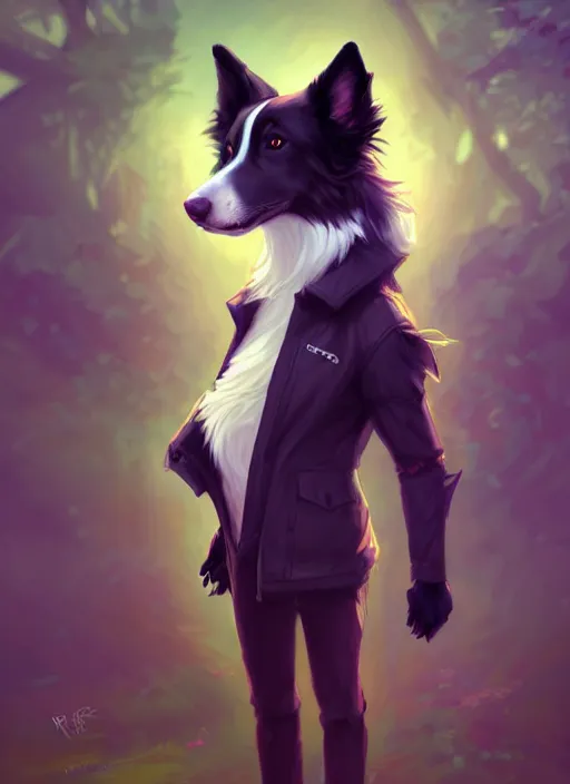 Image similar to wide angle full body portrait of a cute male anthropomorphic border collie fursona wearing a jacket in front of a park, character design by charlie bowater, henry asencio, and ross tran, furry art, furaffinity, scenic background, intricate, elegant, beautiful, fantasy, glamor pose, detailed, trending on artstation