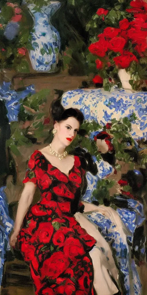 Image similar to portrait of rebekah delrio in lynch pattern dress beside of a big persian detailed pot of red roses, blue and red lights, mulholland drive, painted by john singer sargent and kim jungi - w 5 7 6