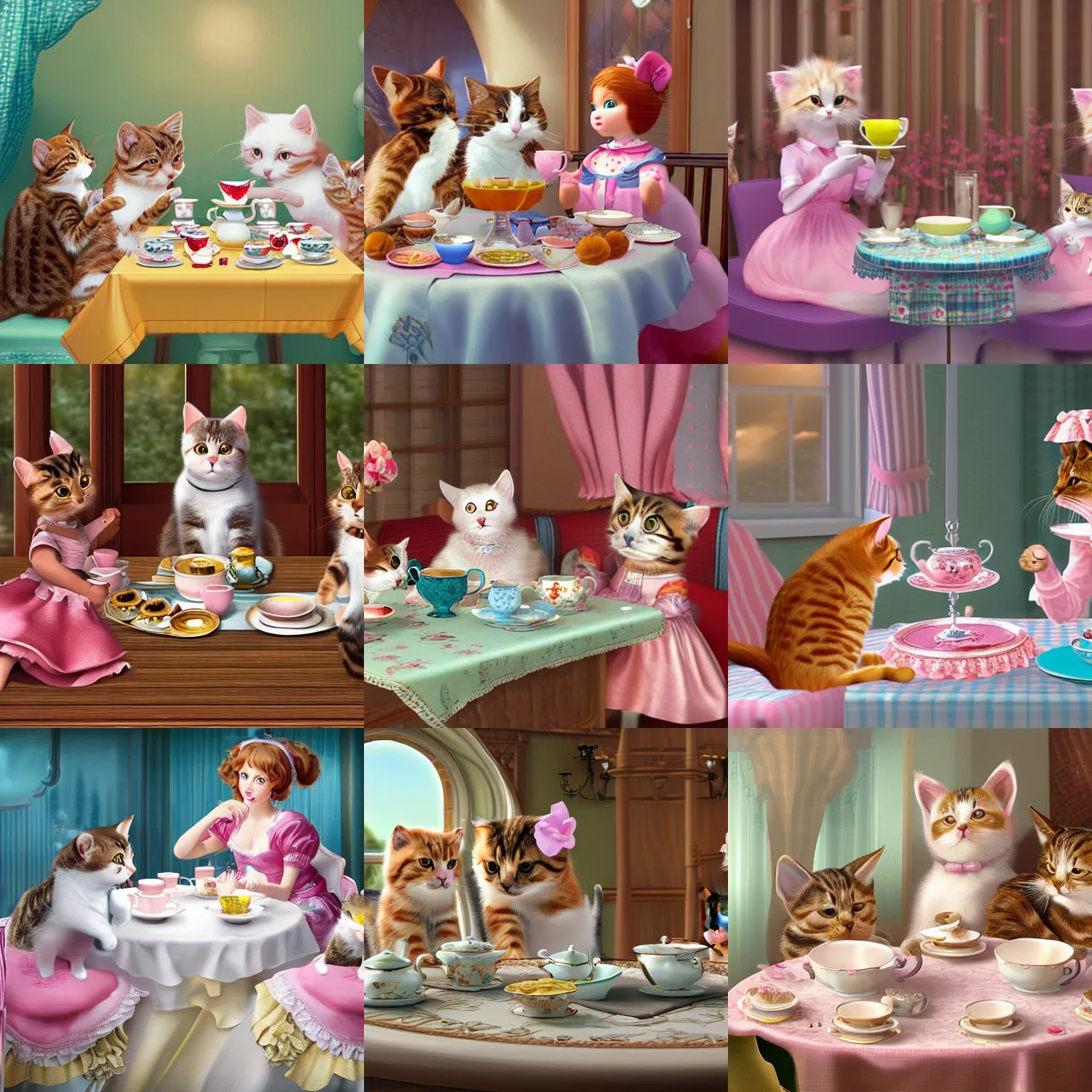 Prompt: hyperrealistic 4k rendering of cute domestic cats having a tea party in dresses on a ship