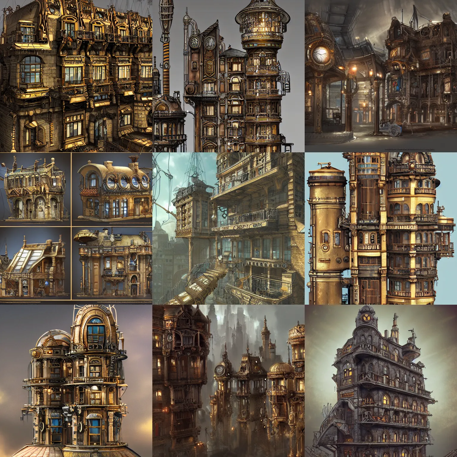 Prompt: Steampunk architecture concepts. HD, 8k, elaborate, detailed digital art trending in artstation