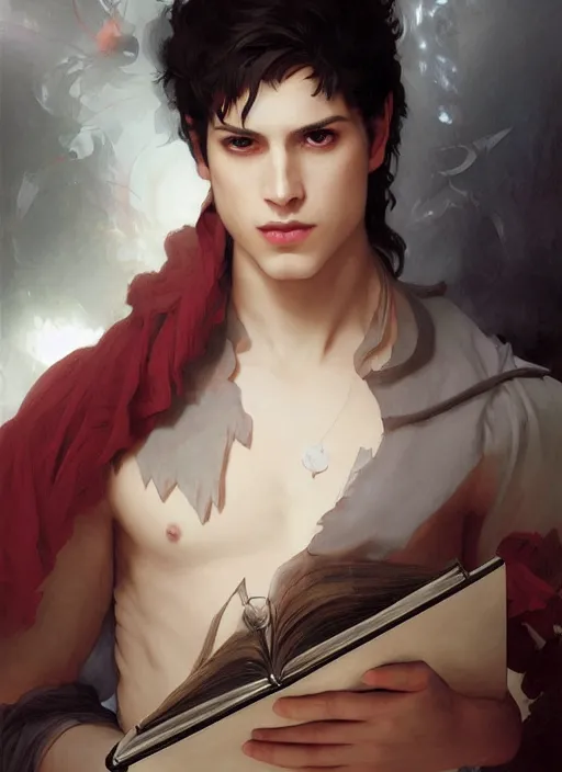 Prompt: character concept portrait of an attractive young seductive Spanish wizard with pale red skin enchanting a arousal spell, a floating iridescent spell book in the center, intricate, elegant, digital painting, concept art, smooth, sharp focus, illustration, from Metal Gear, by Ruan Jia and Mandy Jurgens and William-Adolphe Bouguereau, Artgerm