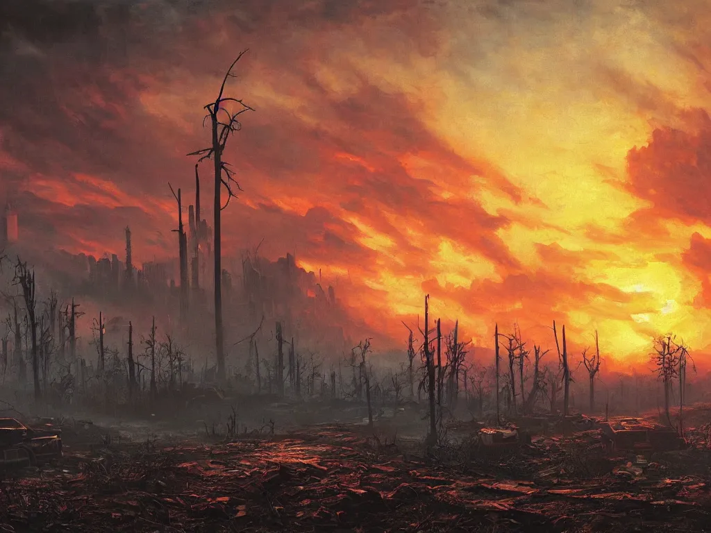 Image similar to a post apocalyptic atlanta landscape after a nuclear war, beautiful radioactive sunset lighting, beautiful painting, fallout 4, painted by albert bierstadt