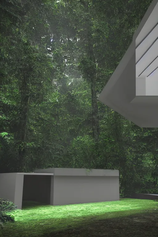 Prompt: architecture inspired by le corbusier in the rainforest. octane render. global illumination. mist. atmospheric.