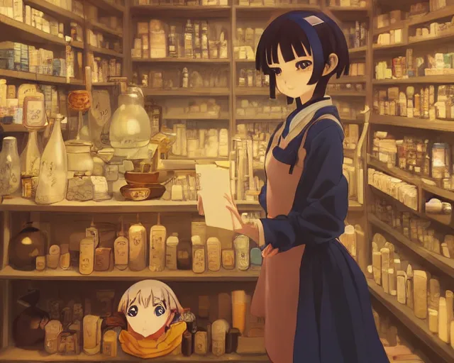 Prompt: anime visual, portrait of a young female traveler in a alchemist's shop interior, cute face by yoh yoshinari, katsura masakazu, studio lighting, dynamic pose, dynamic perspective, strong silhouette, anime cels, ilya kuvshinov, cel shaded, crisp and sharp, rounded eyes, moody