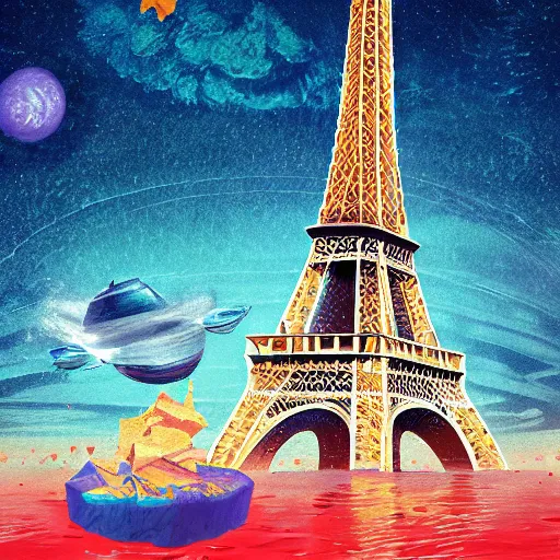 Image similar to eiffel tower is swimming in the ocean under the cheese rain on neptune planet, hyper realistic, illustration, digital art