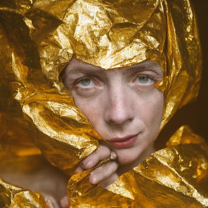 Image similar to closeup portrait of a woman wrapped in gold cellophane, standing in a derelict greenhouse, color photograph, by caravaggio, canon eos c 3 0 0, ƒ 1. 8, 3 5 mm, 8 k, medium - format print