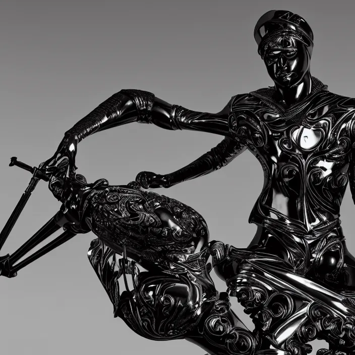 Image similar to fine art statue of black egyptian man on a surrealist motorbike motorcycle, ebony art deco sculpture, carved black marble, inlaid with ebony and gold accents, ebony rococo, wings black lace wear, spider zero, zaha hadid, beautifully lit, hyper detailed, octane render, intricate, elite, ornate, photorealistic, micro details, 3 d sculpture, ray trace