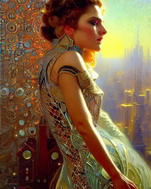 Prompt: an attractive model wearing a futuristic dress surrounded by intricate geometric patterns. highly detailed painting by gaston bussiere, craig mullins, j. c. leyendecker 8 k