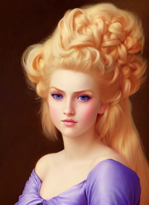 Prompt: peach princess, blonde hair, bright purple ball gown, beautiful face, oil on canvas, art station, beautiful brown eyes, by j. c. leyendecker and edmund blair leighton and charlie bowater, beautiful face, octane, very aesthetically pleasing, stunning beautiful blue eyes, realistic hair