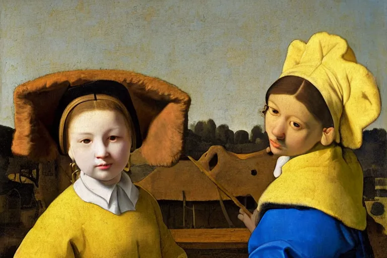 Image similar to girl with brown hair, short horns, long animal ears, a yellow t - shirt and blue overalls, wearing a barrel in a medieval marketplace, baroque, art by johannes vermeer