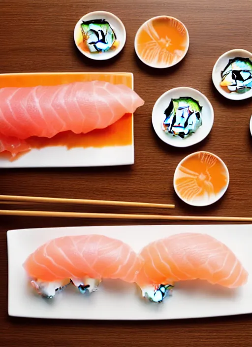 Image similar to clear photograph of cute cats eating sushi from sushi plates