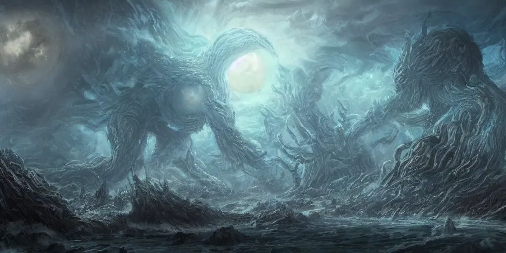 Prompt: concept art of giant kaiju, lovecraftian, roaring, melting horror, round moon, rich clouds, fighting the horrors of the unknown, mirrors, very detailed, volumetric light, mist, grim, fine art, decaying, textured oil over canvas, epic fantasy art, very colorful, ornate scales, anato finnstark